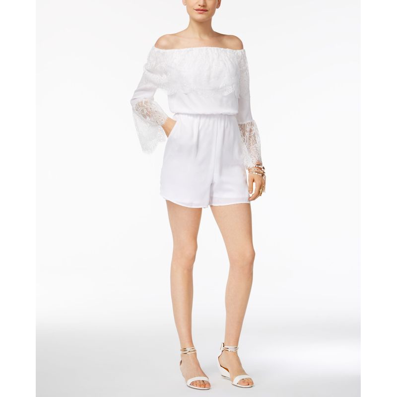 Thalia Sodi Off The Shoulder Lace Trim Romper